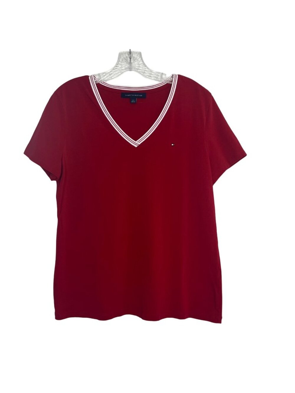 Tommy Hilfiger VNeck Tshirt Womens Large Red Short Sleeves Preppy Summer